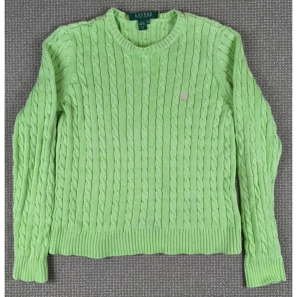 VTG Lauren Ralph Lauren Lime Green Cotton Cable Knit Sweater Petite S(loose Tag)
